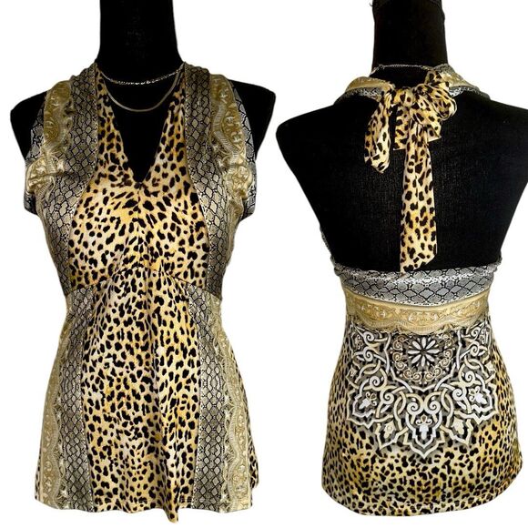 CACHE Y2K 2000s gold mcbling Cheetah & Snake Print floral Halter Top Size Small - Picture 1 of 9